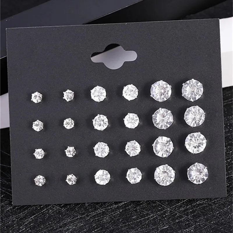 12-Pair White Crystal Stud Earrings Set