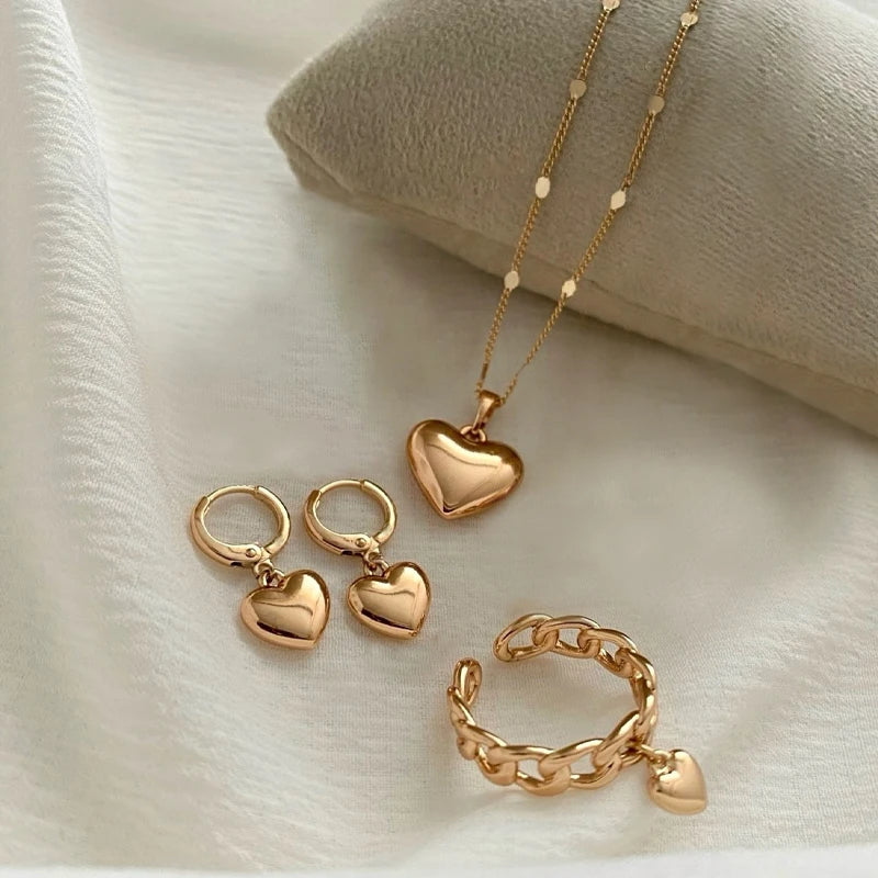 4PCS Women’s Gold Jewelry Set – Heart Necklace, Ring & Hoop Earrings