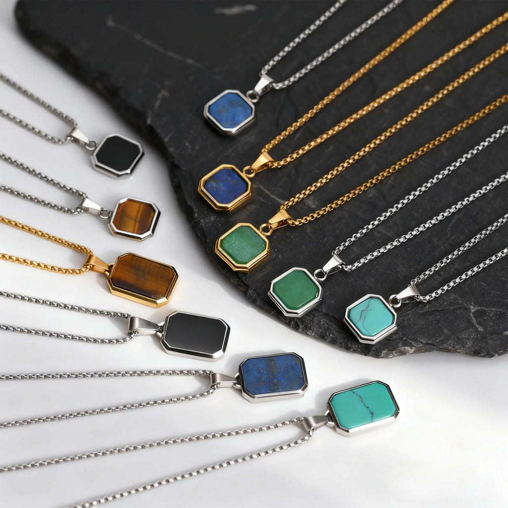Men’s Hip Hop Stainless Steel Pendant Necklace with Natural Stone