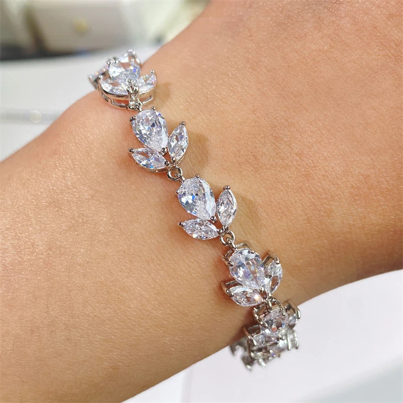 Cubic Zirconia Leaf Charm Bracelet – White Gold Wedding And Party Jewelry for Women
