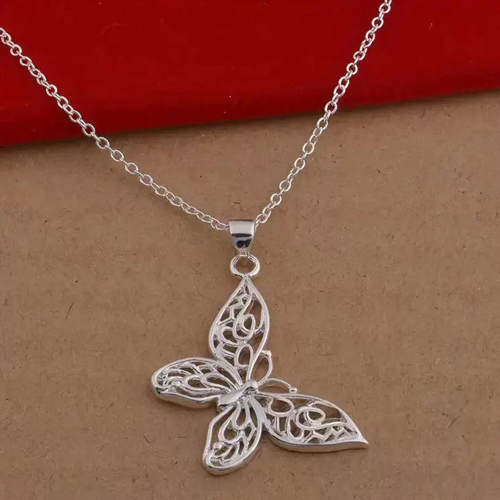 Silver Butterfly Pendant Necklace – Elegant Snake Chain Wedding for Women