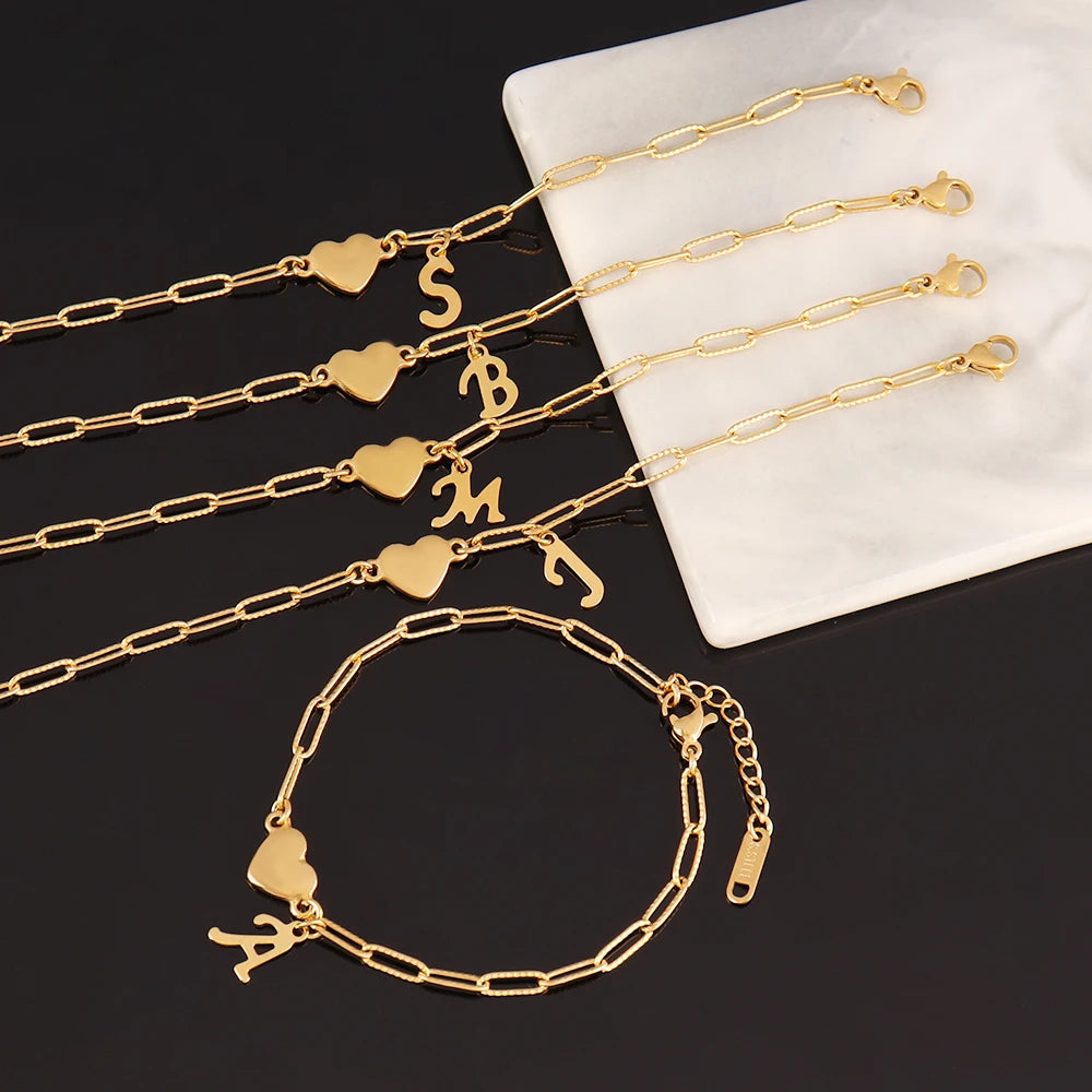 Stainless Steel Initial Letter Heart Bracelet