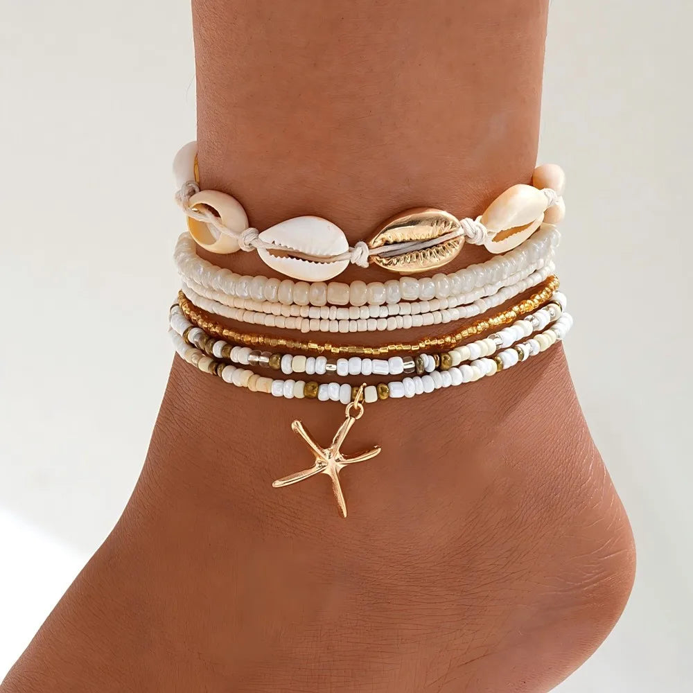 7pc Anklet Set – Summer Beach Starfish And Shell Jewelry”