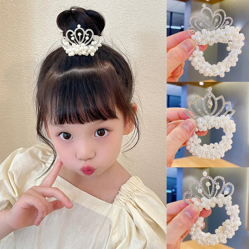 2PCS Pearl Crown Princess Hair Bands – Elastic Rubber Hair Bun Ties for Children