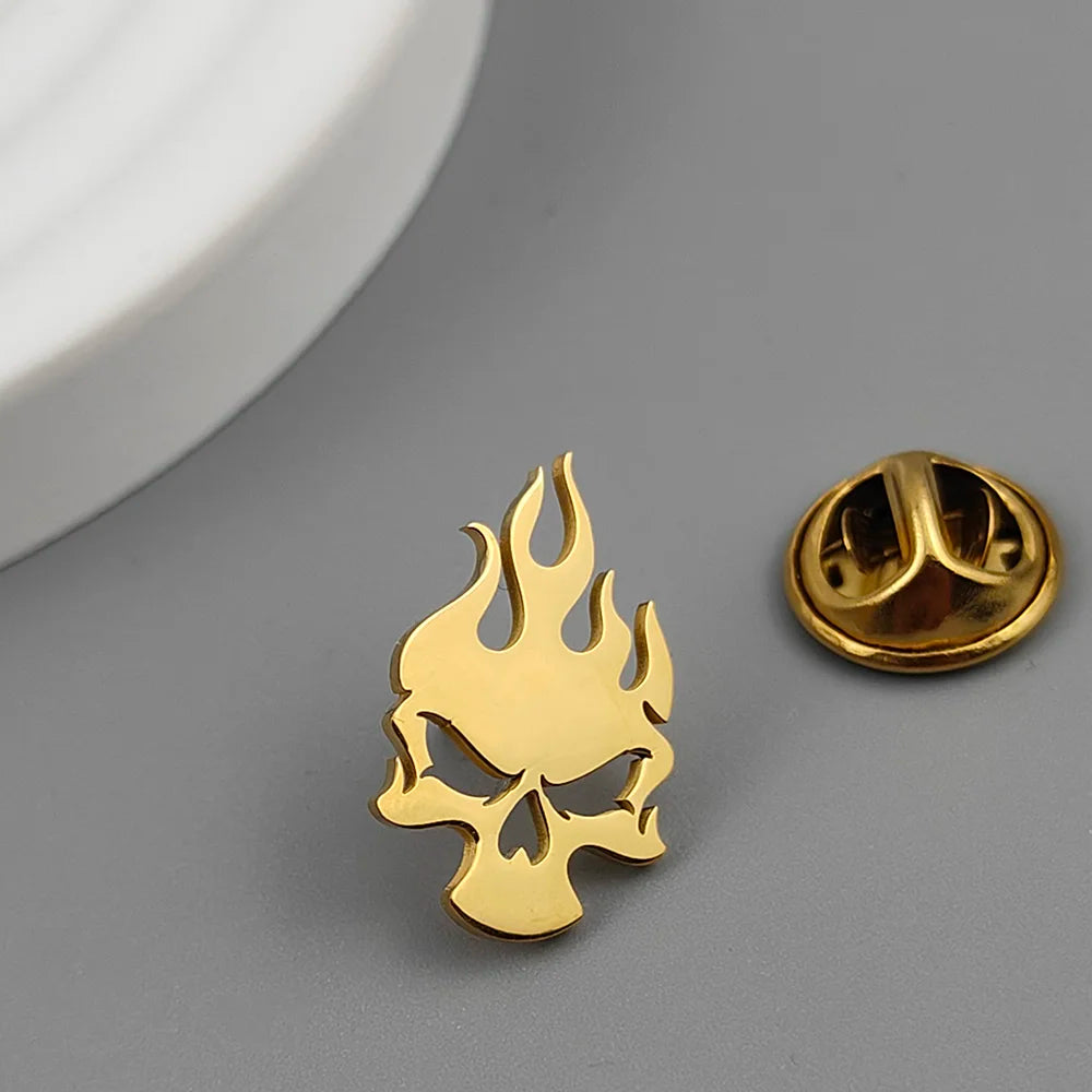 Men’s Punk Skull Fire Brooch – Stainless Steel Badge Pin, Hip Hop Rock Accessory
