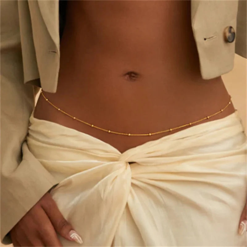Girls Simple Beaded Belly Chain – Antique Gold Waist Jewelry for Women, Beach & Bikini Accessory