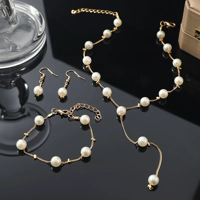 4PCS Gold Imitation Pearl Jewelry Set – Necklace, Earrings & Bracelet
