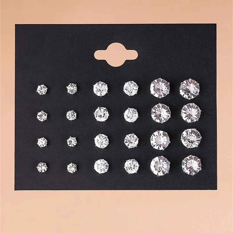 12-Pair White Crystal Stud Earrings Set