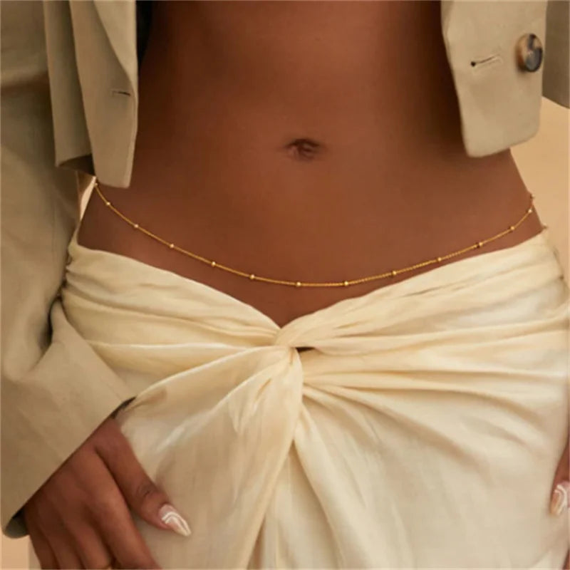 Girls Simple Beaded Belly Chain – Antique Gold Waist Jewelry for Women, Beach & Bikini Accessory