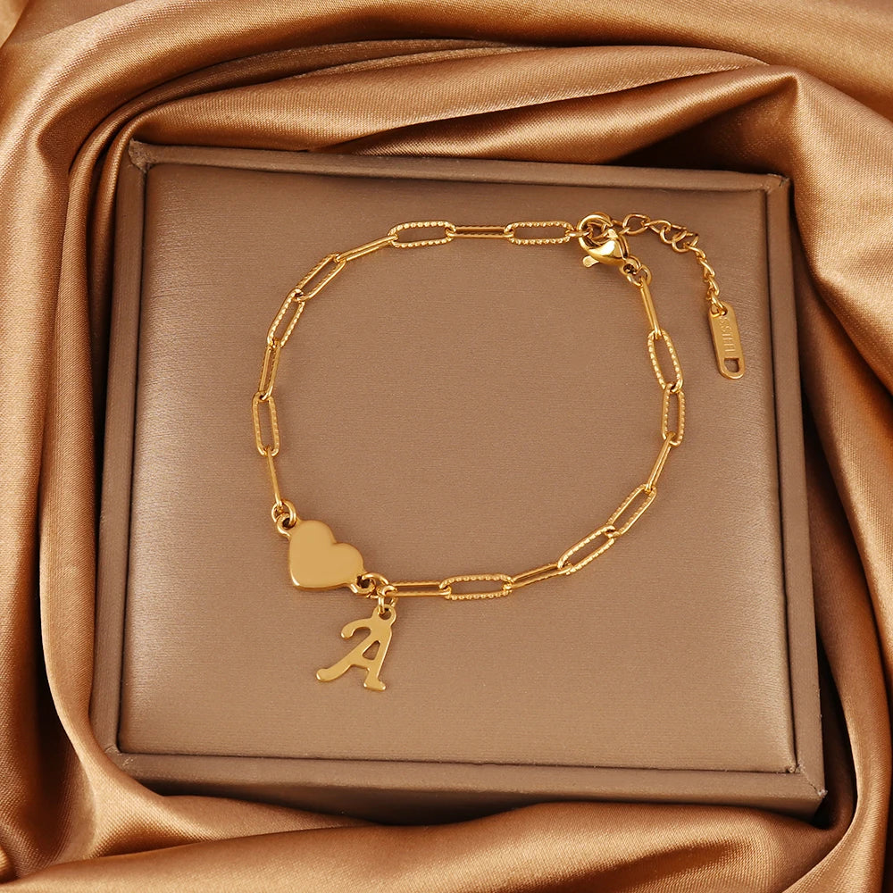 Stainless Steel Initial Letter Heart Bracelet