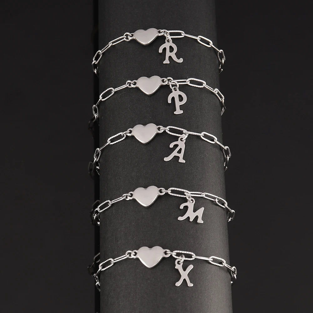 Stainless Steel Initial Letter Heart Bracelet